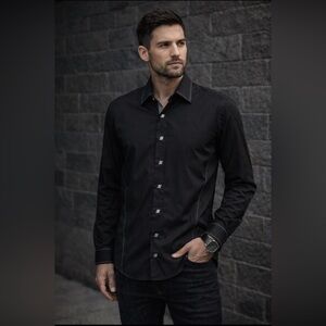 Via Uomo Men's Long Sleeve Casual Black White Stitch Detailing Shirt Size XXL